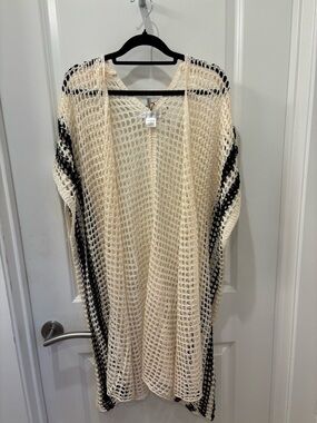 NWT House of Harlow 1960 Cream and Black Open-Knit Swim Coverup